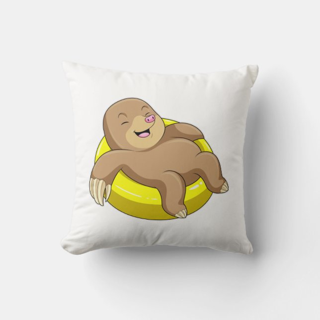 Mole at Swimming with Lifebuoy Throw Pillow (Front)