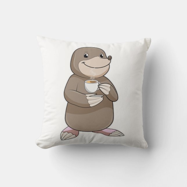 Mole with Coffee Cup Throw Pillow (Front)