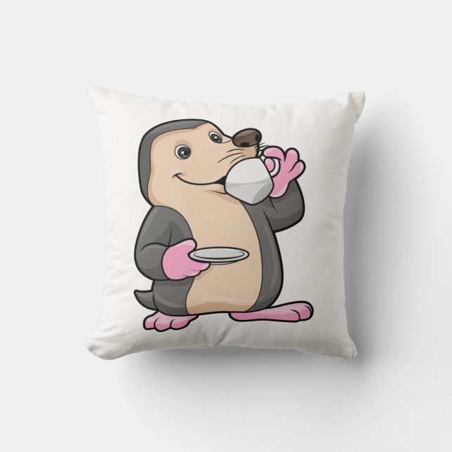 Mole with Cup of Coffee & Saucer Throw Pillow (Front)