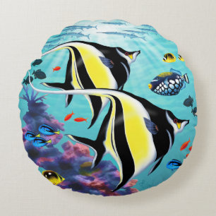 Molokini Cove Hawaiian Angel Fish Reversible Round Pillow