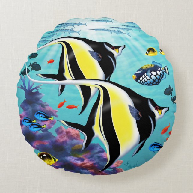 Molokini Cove Hawaiian Angel Fish Reversible Round Pillow (Front)