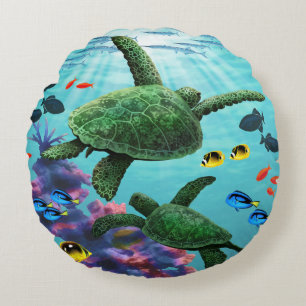 Molokini Cove Hawaiian Sea Turtles Reversible Round Pillow