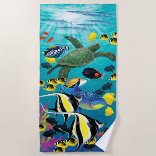 Molokini Cove Hawaiian Tropical Fish Illustration Beach Towel