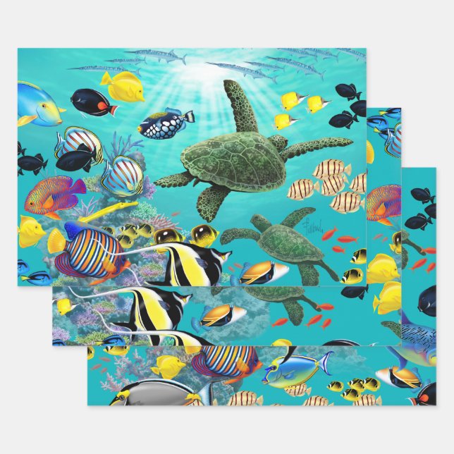 Molokini Cove Hawaiian Tropical Fish Turtle Trio Wrapping Paper Sheet (Set)