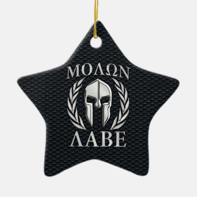 Molon Labe Chrome Like Spartan Helmet on Grille Ceramic Ornament (Front)