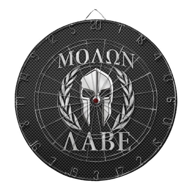 Molon Labe Chrome Spartan Helmet on Carbon Fibre Dartboard (Front)