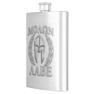 Molon Labe Chrome Spartan Helmet Print Hip Flask