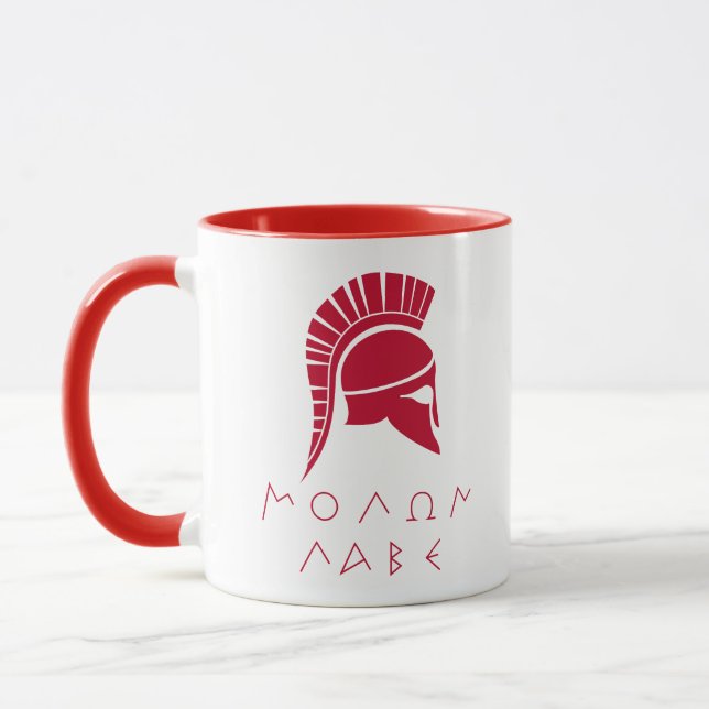 "Molon Labe" Spartan defiance with ancient helmet Mug (Left)