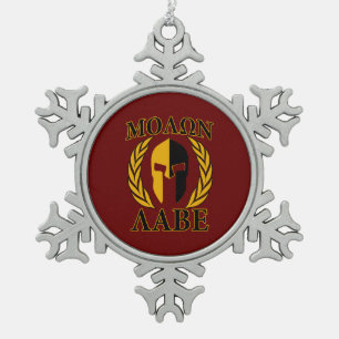 Molon Labe Spartan Mask Laurels Burgundy Snowflake Pewter Christmas Ornament