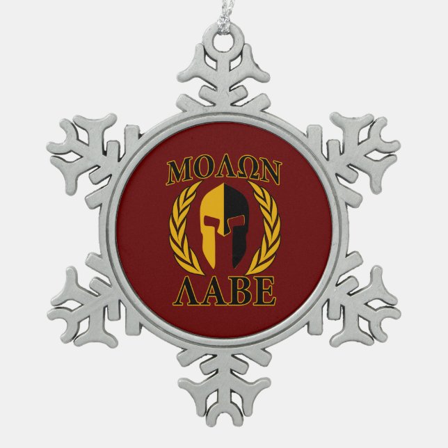 Molon Labe Spartan Mask Laurels Burgundy Snowflake Pewter Christmas Ornament (Front)