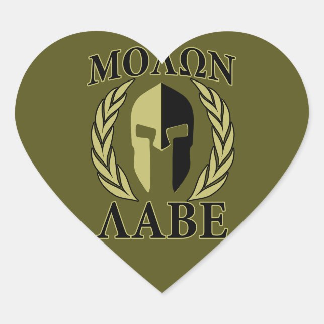 Molon Labe Spartan Mask Laurels Olive Green Heart Sticker (Front)