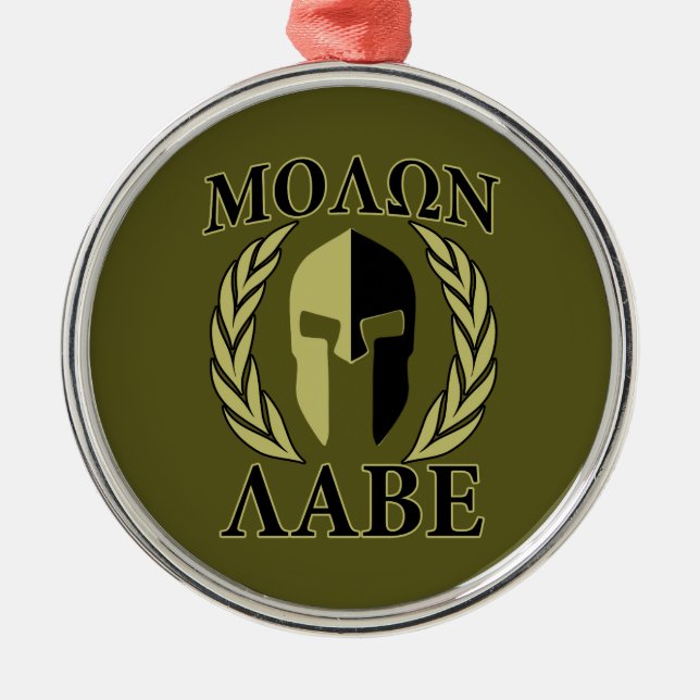 Molon Labe Spartan Mask Laurels Olive Green Metal Ornament (Front)