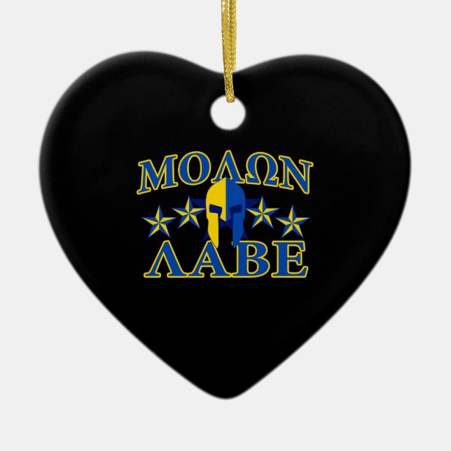 Molon Labe Spartan Warrior 5 stars Yellow Blue Ceramic Ornament (Front)