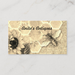 Molten Gold Vintage Bee Honeycomb Pattern Linen Business Card