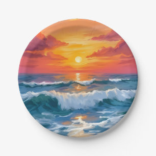 Molten Horizon Ocean Wave Sunset Watercolor Paper Plate