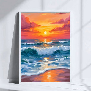 Molten Horizon   Ocean Waves Sunset Watercolor Poster