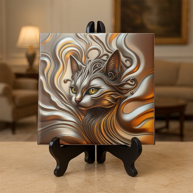 Molten Liquid Metallic Gold and Silver Cat Head Tile (Creator Uploaded)