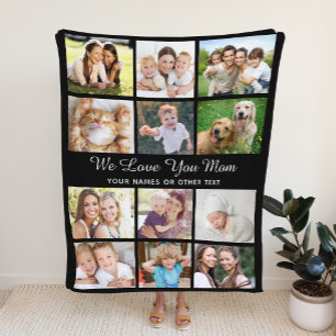 Mom 12 Photo Collage Black Fleece Blanket