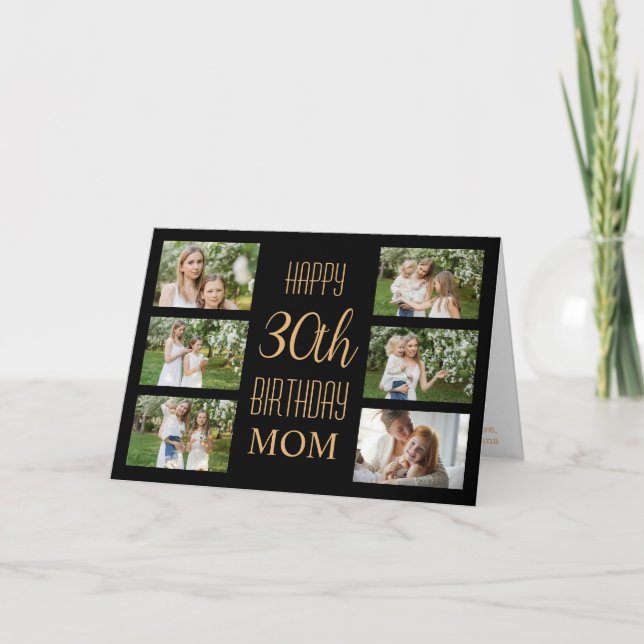 Mom 30th Birthday Black Gold 6 Photos Collage Card (Front)
