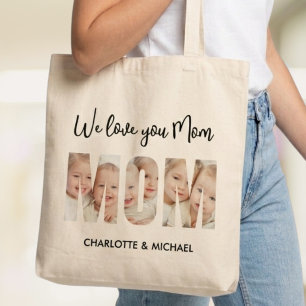 Mom 3 Photos Cutout Letters Tote Bag