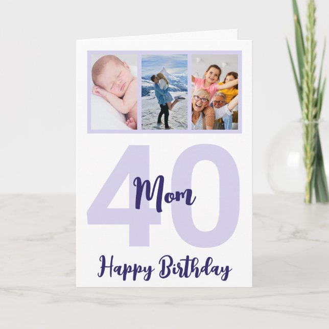 Mom 40th Birthday Purple Script Photo Collage Card (Front)