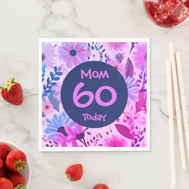 Mom 60 Today Pink And Blue Floral Party Napkin (Insitu)
