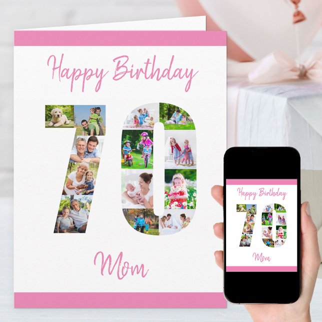 Mom 70th Birthday Number 70 Photo Collage Card (Creator Uploaded)