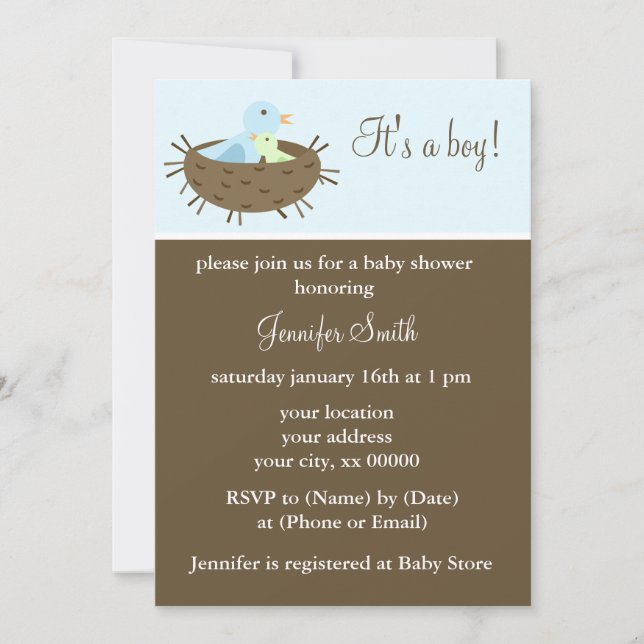 Mom and Baby Birds Boy Baby Shower Invitation (Front)