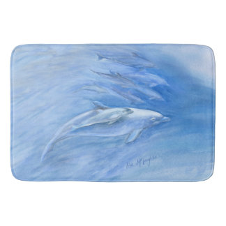 Mom and Baby Bottlenose Dolphin swimming together Bath Mat