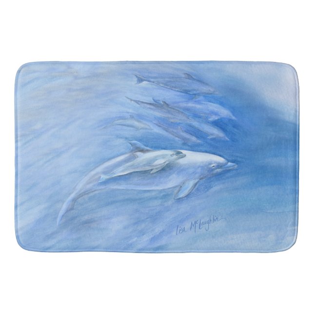 Mom and Baby Bottlenose Dolphin swimming together Bath Mat (Front)