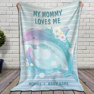 Mom and Baby Dolphins with Flowers Mommy Loves Me Fleece Blanket