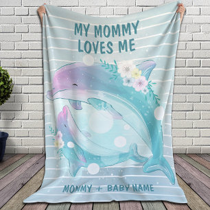 Mom and Baby Dolphins with Flowers Mommy Loves Me Sherpa Blanket
