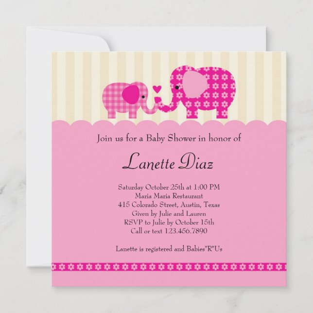 Mom and Baby Elephant Baby Girl Shower Invitation (Front)