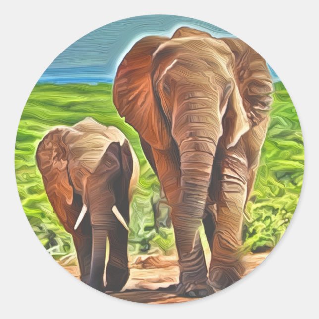 Mom and Baby Elephant  Classic Round Sticker (Front)