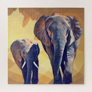 Mom and baby Elephant in the Fall  Jigsaw Puzzle