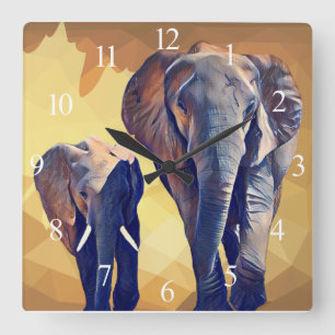 Mom and baby Elephant in the Fall Throw Pillow Square Wall Clock