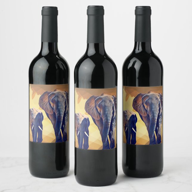 Mom and baby Elephant in the Fall  Wine Label (Bottles)