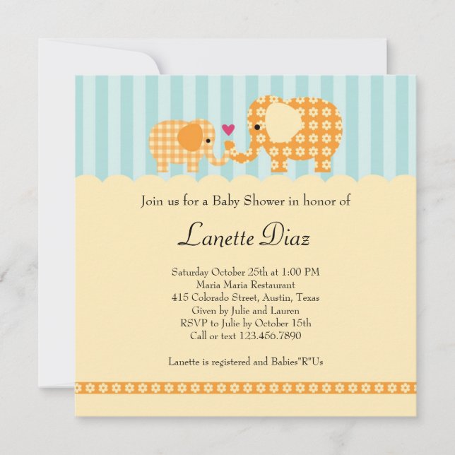 Mom and Baby Elephant Unisex Baby Shower Invitatio Invitation (Front)