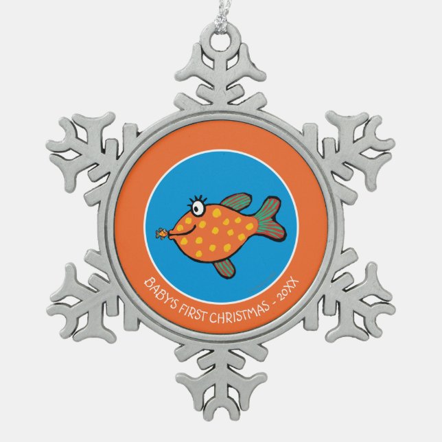 Mom and Baby Fish Kisses Snowflake Pewter Christmas Ornament (Front)