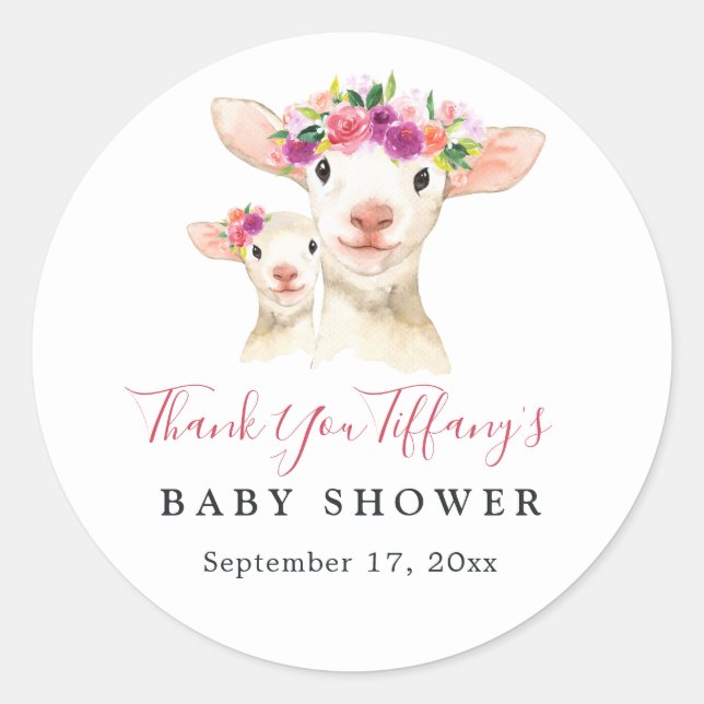 Mom And Baby Lamb Floral Thank You Baby Shower Classic Round Sticker (Front)