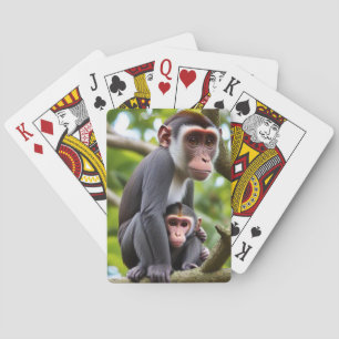 Mom and baby monkeys on a tree playing cards
