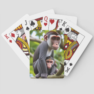 Mom and baby monkeys on a tree playing cards