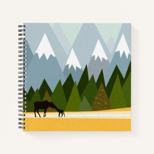 Mom and baby moose silhouette mountain tops notebook