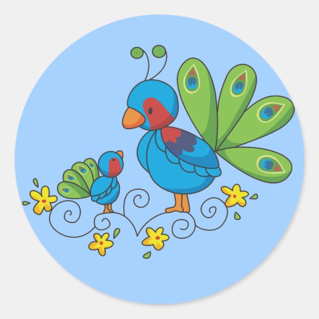 Mom and Baby Peacock Classic Round Sticker (Front)