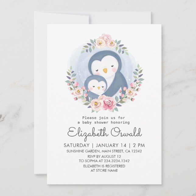 Mom And Baby Penguin Floral Baby Shower Invitation (Front)
