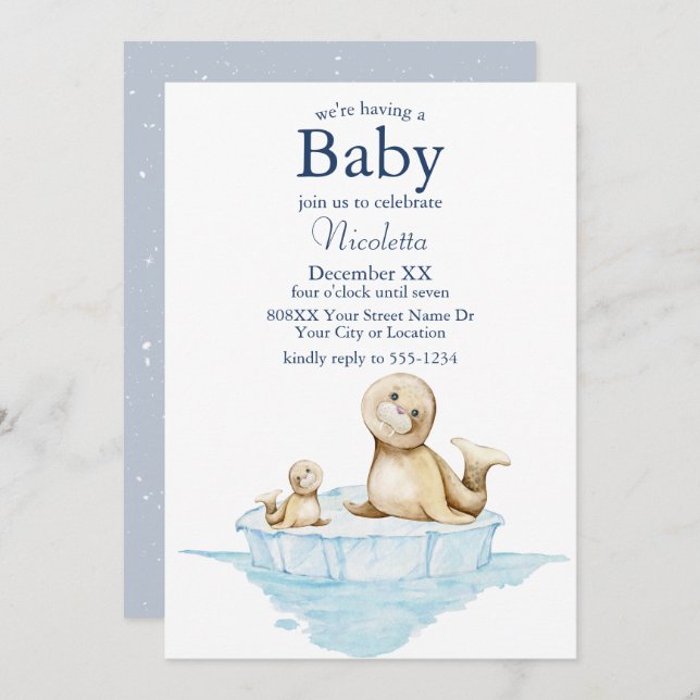 Mom and Baby Seal Pup on Ice Invitation (Front/Back)