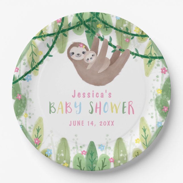 Mom and baby sloth girl baby shower paper plate (Front)