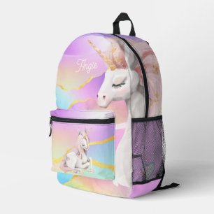 Mom and Baby Unicorn over the rainbow custom name Printed Backpack