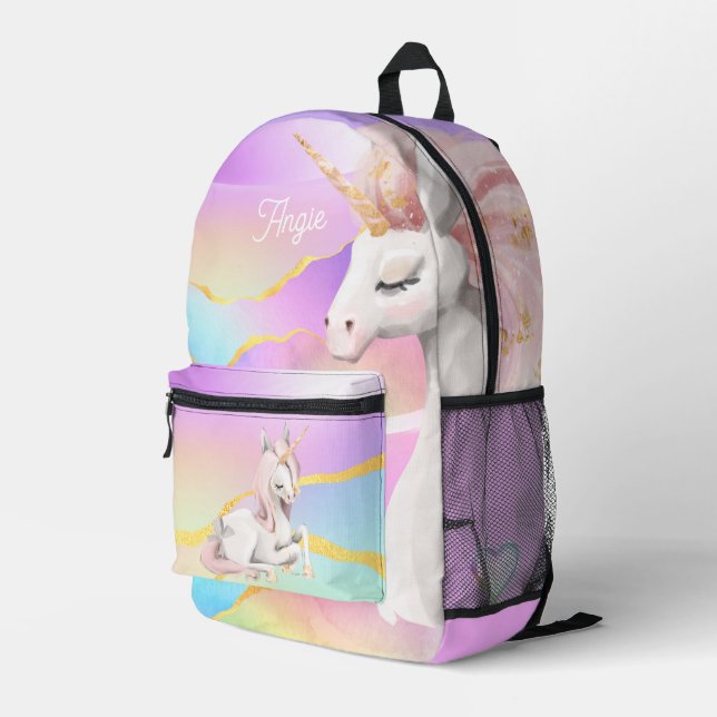 Mom and Baby Unicorn over the rainbow custom name Printed Backpack (Back Corner Right)
