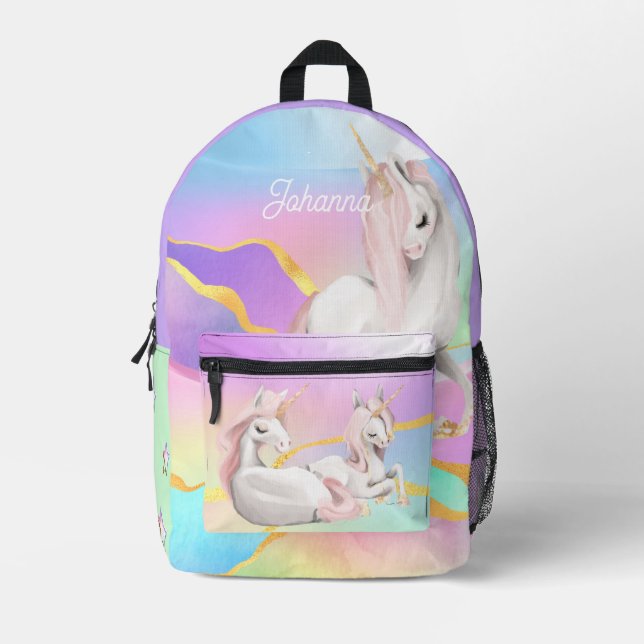 Mom and Baby Unicorns over the rainbow custom name Printed Backpack (Front)